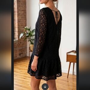 NWT Velzera Lace Boho Tassel Tie Mini Dress ruffle Long Sleeve Black Sz L, Party